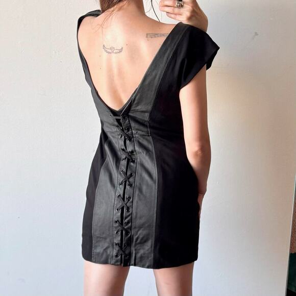 Vintage Y2K ALICE + OLIVIA Black Leather Corset-Back Mini Dress - Picture 2 of 11